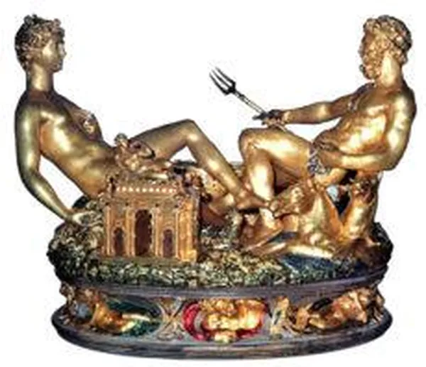 Cellini's Saliera, made in Paris, 1540–1543; Gold, partly covered in enamel, with an ebony base.