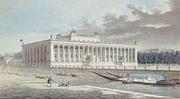 Friedrich Alexander Thiele: Colored etching of the "Altes Museum" (old museum) at the Museumsinsel in Berlin (c. 1830)