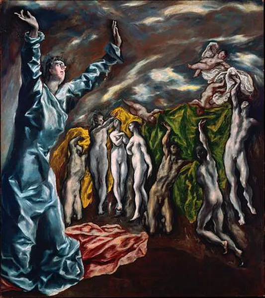El Greco: The Opening of the Fifth Seal (1608–1614) oil, 225 × 193 cm., New York, Metropolitan Museum) has been suggested to be the prime source of inspiration for Picasso's Les Demoiselles d'Avignon.