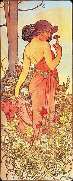 Alphonse Mucha: Series The Flower, "Carnation" (1898); color lithograph 103.5 x 43.5 cm; Mucha Foundation.