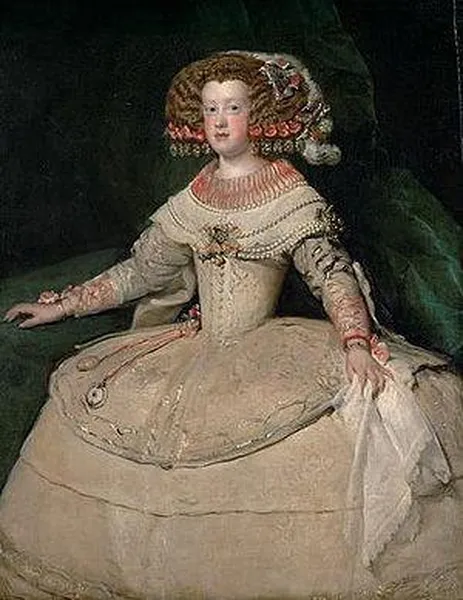 Diego Velázquez: The infanta Maria Theresa of Spain or The infanta Maria Theresa aged 14 (1652-3) Oil on canvas, 127 x 98,5 cm, Kunsthistorisches Museum, Vienna. Here, the princess wears her hair in a popular style at the Spanish royal court, and also wears extremely wide panniers, also popular in Spain.