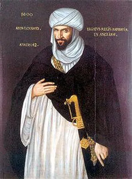 Abd el-Ouahed ben Messaoud ben Mohammed Anoun, Moorish Ambassador to Queen Elizabeth I of England— This image is a reproduction of an Elizabethan painting of the Moorish Ambassador who visited Elizabeth from Barbary in 1600 to propose an alliance against Spain. The original, by an anonymous artist, belongs to the collection of the University of Birmingham, England. 