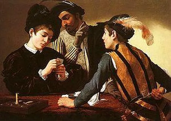 Caravaggio: The Cardsharps (c. 1594) Oil on canvas. 94 cm × 131 cm (37 in × 52 in), Kimbell Art Museum, Fort Worth
