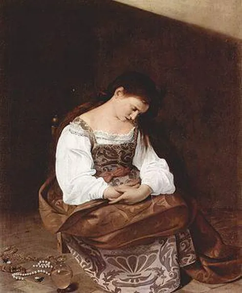 Caravaggio: Penitent Magdalene (Mary Magdalene) (c. 1597) Oil on canvas, 122.5 cm × 98.5 cm (48.2 in × 38.8 in), Doria Pamphilj Gallery, Rome