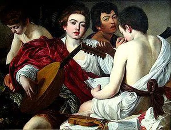 Caravaggio: The Musicians (c. 1595) Oil on canvas, 92 cm × 118.5 cm (36 in × 46.7 in), Metropolitan Museum of Art, New York City