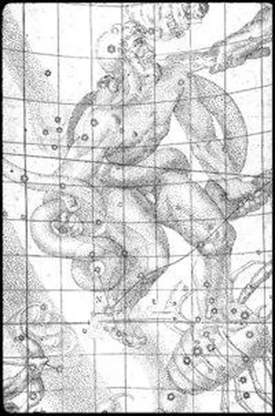 Johannes Kepler's original drawing depicting the location of the stella nova, marked with an N (8 grid squares down, 4 over from the left).