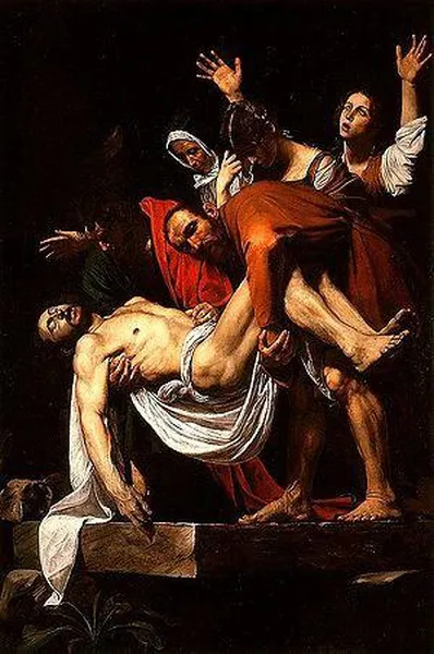 Caravaggio: The Entombment of Christ (1602-1603) Oil on canvas, 300 cm × 203 cm (120 in × 80 in), Pinacoteca Vaticana, Vatican City