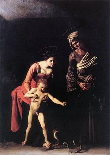 Caravaggio: Madonna and Child with St Anne (Madonna dei Palafrenieri) (1605-1606) Oil on canvas, 292 cm × 211 cm (115 in × 83 in), Galleria Borghese, Rome