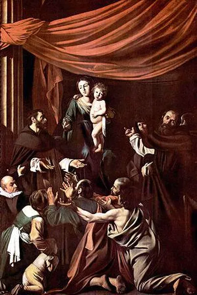 Caravaggio: Madonna of the Rosary (1607) Oil on canvas, 364.5 cm × 249.5 cm (143.5 in × 98.2 in), Kunsthistorisches Museum, Vienna