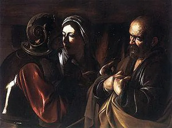 Caravaggio: The Denial of Saint Peter (c. 1610) Oil on canvas, 94 cm × 125 cm (37 in × 49 in) Metropolitan Museum of Art, New York City