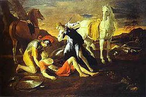 Nicolas Poussin: Tancred and Erminia (early 1630s, oil on canvas, 98.5 x 146.5 cm, Hermitage Museum) shows an evolution from Poussin's early emulation of Caravaggio to a return to classicism.
