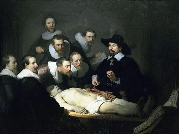 Rembrandt: The Anatomy Lesson of Dr. Nicolaes Tulp, 1632. Oil on canvas,  Mauritshuis, The Hague. 