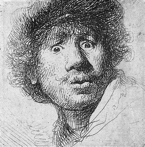 Rembrandt: Self-portrait in a cap, with eyes wide open, etching and burin, 1630.