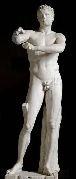 Copy after Lysippos: So-called “Apoxyomenos” (“the Scraper”). Marble, Roman copy of the 1st century CE after a Greek bronze original ca. 320 BCE. Vatican Museums. (Photo by Marie-Lan Nguyen (2009))