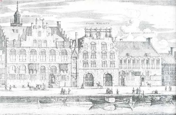 The Society of Suriname met temporarily in the Voetboogdoelen. The building (second from left) was rented in 16744 by the WIC and is sometimes known as the Westindisch Binnenhuis.
