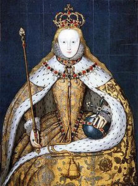Elizabeth I in her coronation robes, patterned with Tudor roses and trimmed with ermine.