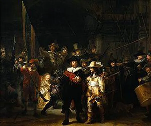 Rembrandt: The Night Watch (1642); Oil on canvas, 363 cm × 437 cm (142.9 in × 172.0 in) Rijksmuseum, Amsterdam