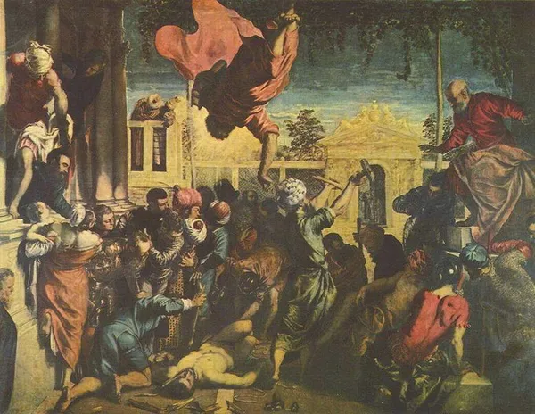 Tintoretto: Miracle of the Slave (1548) Oil on canvas, 416 cm × 544 cm (164 in × 214 in), Gallerie dell'Accademia, Venice