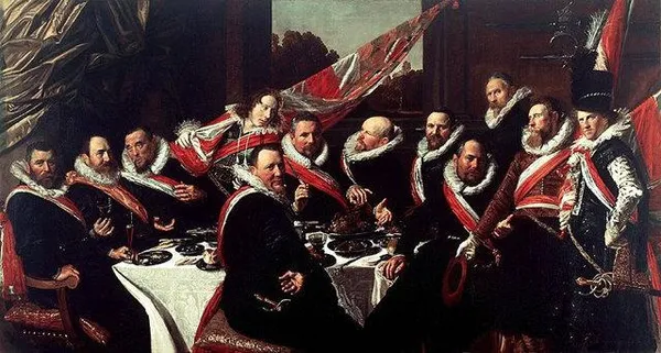 Frans Hals: Officers of the Civic Guard of St. George, Haarlem (1616) Oil on canvas 175 × 324 cm (68.90 × 127.56 in) Frans Hals Museum, Haarlem