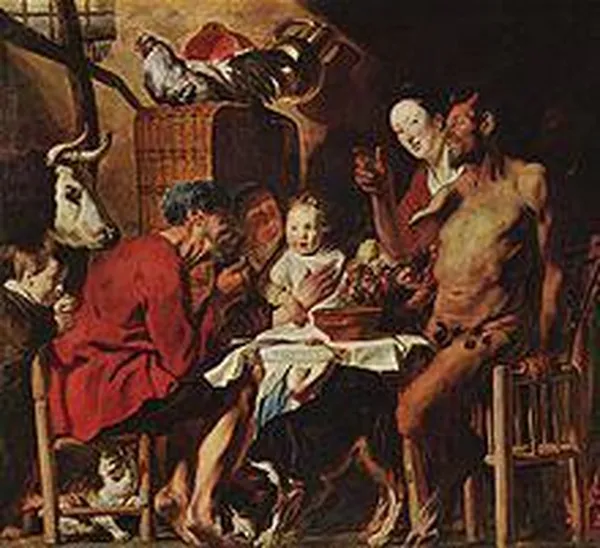 Jacob Jordaens: The Satyr and the Peasant (c. 1620) Oil on canvas, 174 × 204 cm (68.5 × 80.31 in), Alte Pinakothek, Munich