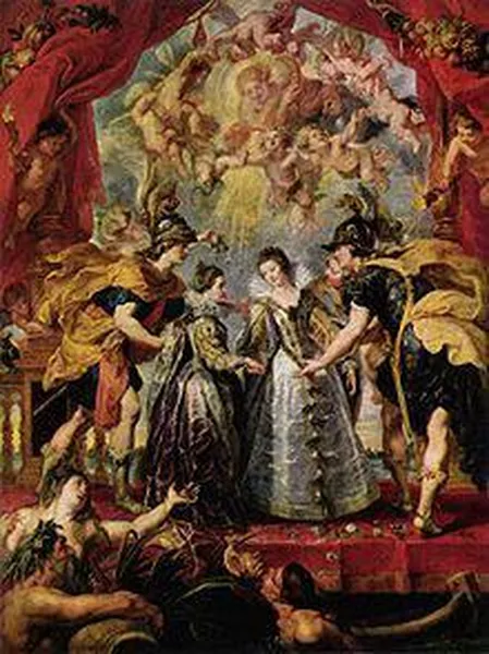 Peter Paul Rubens: The Exchange of Princesses at the Spanish Border, from the Marie de' Medici Cycle (1622-1625),oil on canvas, 394 × 295 cm., Louvre, Paris.