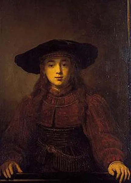 Rembrandt: The Girl in a Picture Frame, (1641) oil on canvas, 105.5 × 76 cm (41.54 × 29.92 in) Lanckoroński Collection, Warsaw Royal Castle, Warsaw
