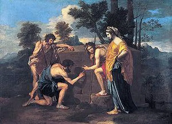Nicolas Poussin: Et in Arcadia ego (1637–1638) oil on canvas, 185 cm × 121 cm (72.8 in × 47.6 in) Musée du Louvre