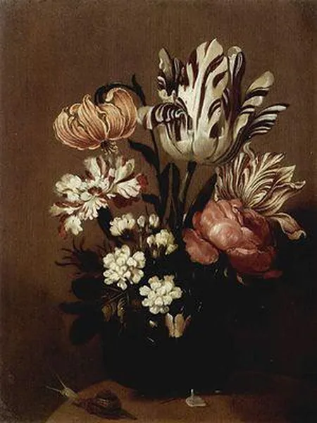 Hans Gillisz. Bollongier, Flower Piece, Frans Hals Museum, 1644. The top flower was always the most expensive one and in this bouquet it is the tulip Semper Augustus.