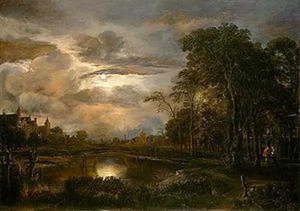 Moonlit Landscape with Bridge, one of Van Der Neer's "nocturnes" (night scenes) (1648-1650); oil on panel; 78.4 x 110.2 cm (30 7/8 x 43 3/8 in.); on display, the National Gallery of Art, Washington D.C.