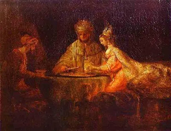 Ahasuerus and Haman at the Feast of Esther, Rembrandt (1660), 73x94cm, Pushkin Museum. The painting is rather dark, because of the varnish that was once used.