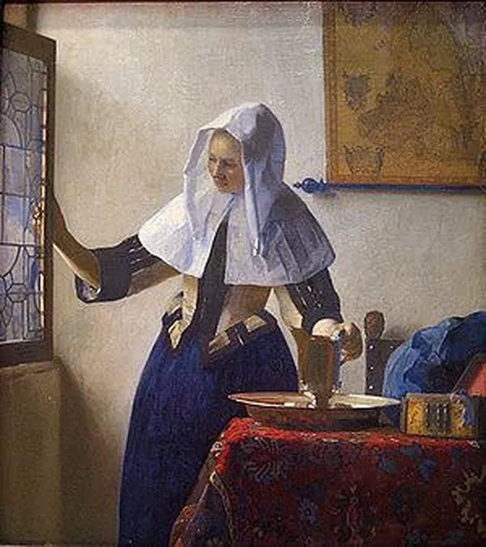 Jan Vermeer, Young Woman with a Water Jug (1663), Oil on canvas, 45.7 × 40.6 cm (17.99 × 15.98 in), Metropolitan Museum of Art, New York City