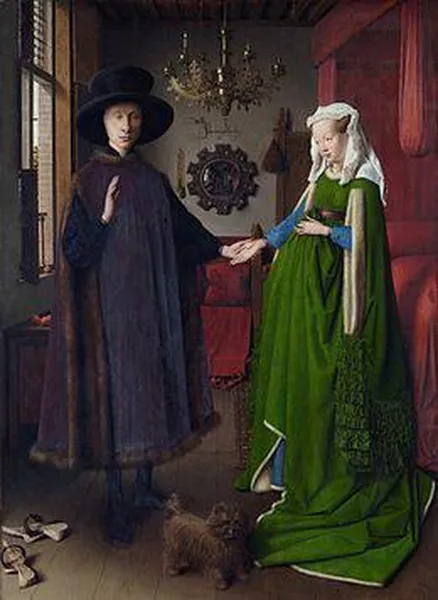 Jan van Eyck: The Arnolfini Portrait (1434), Oil on oak panel of 3 vertical boards, 82.2 (panel 84.5) cm × 60 (panel 62.5) cm (32.4 in × 23.6 in), National Gallery, London