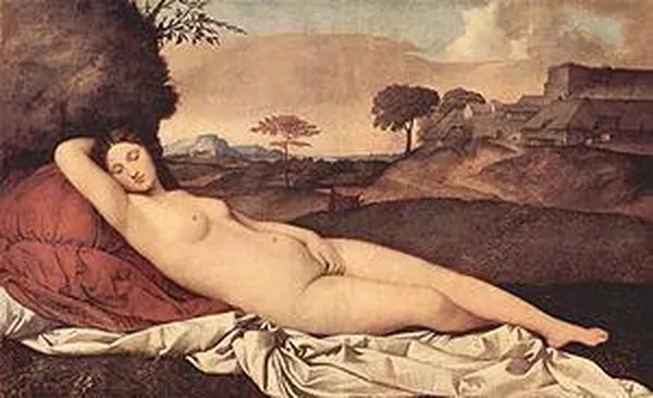 Giorgione: Sleeping Venus (1510), Oil on canvas, 108.5 cm × 175 cm (42.7 in × 69 in) Gemäldegalerie Alte Meister, Dresden on paper, transferred to canvas; 31 cm × 28 cm (12 in × 11 in); Museum of Fine Arts, Budapest
