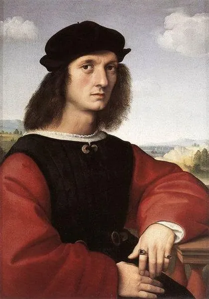 Raphael: Portrait of Agnolo Doni (1506) Oil on wood, 24 3/4 x 17 5/8 inches (63 x 45 cm), Galleria Palatina (Palazzo Pitti), Florence