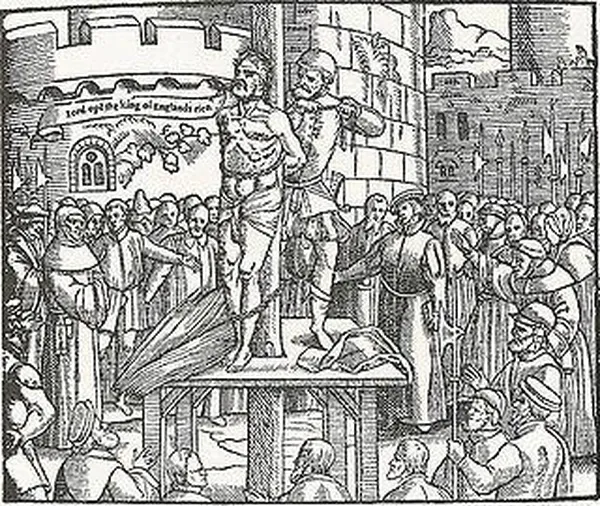 William Tyndale, before being strangled and burned at the stake, cries out, "Lord, open the King of England's eyes". woodcut from Foxe's Book of Martyrs (1563).