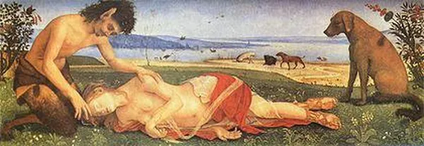 Piero di Cosimo: A Satyr mourning over a Nymph (c. 1500-10), Oil on poplar,  65.4 cm × 184.2 cm (25.7 in × 72.5 in) National Gallery, London