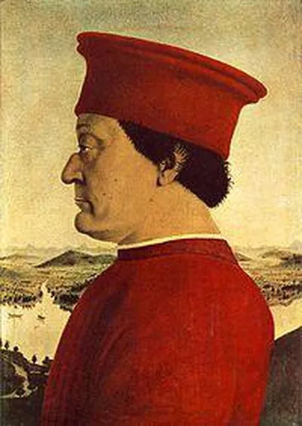 Federico da Montefeltro. Portrait by Piero della Francesca.Note the removed nasal bridge to widen the range of sight in his left eye, after a tournament accident.