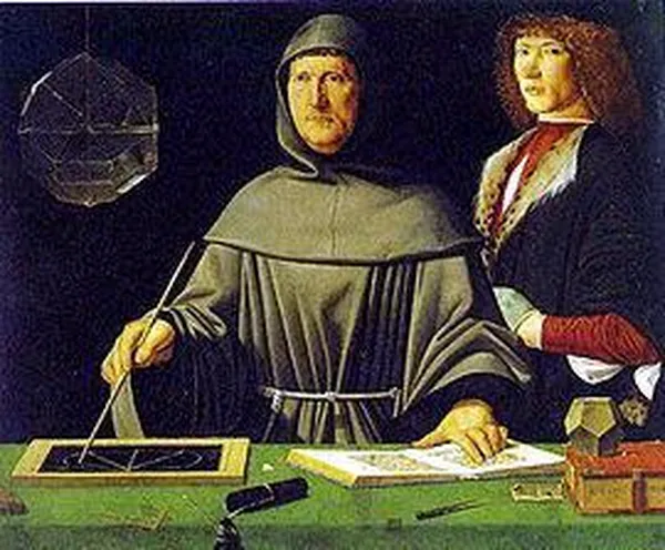 Painting of Luca Pacioli, attributed to Jacopo de' Barbari, 1495 (attribution controversial). Table is filled with geometrical tools: slate, chalk, compass, a dodecahedron model. A rhombicuboctahedron half-filed with water is suspended from the ceiling. Pacioli is demonstrating a theorem by Euclid.