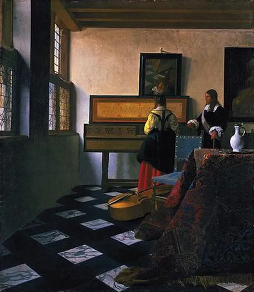 Johannes Vermeer: The Music Lesson or Lady at the Virginals with a Gentleman (1662-1665)  Oil on canvas, 74.6 cm × 64.1 cm (29.4 in × 25.2 in), Royal Collection, St. James's Palace, London