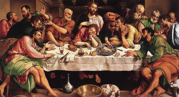 Jacopo Bassno: The Last Supper (ca. 1546), Oil on canvas, 168 × 270 cm (66.14 × 106.3 in), Galleria Borghese, Rome