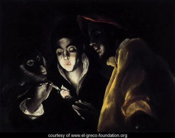El Greco: An Allegory with a Boy Lighting a Candle in the Company of an Ape and a Fool (Fábula) (1589-92) (Image courtesy el-greco-foundation.org