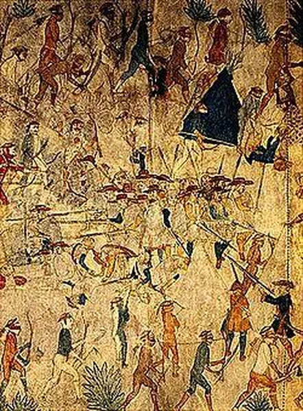 The Pawnee and their French allies surrounded and defeated the Villasur expedition. Painting on buffalo hides, unknown artist, c. 1720. (Palace of the Governors Collections, Museum of New Mexico.)