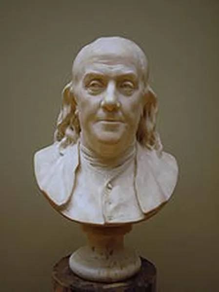 A bust of Franklin sculpted in 1778 by Jean-Antoine Houdon (1741–1828), (Metropolitan Museum of Arts.)