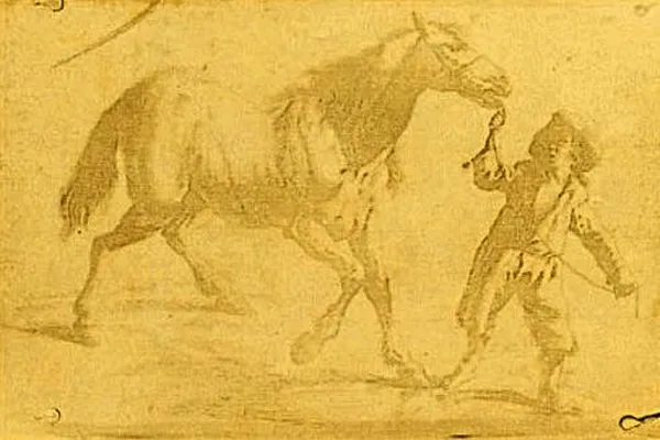 One of the two earliest known pieces of seminal photographic activity, made by Nicéphore Niépce in 1825 by the heliograph process. It was printed from a metal plate covered with a ground that was etched following exposure to sunlight. Niépes's print captures the image of a 17th-century Flemish engraving of a man leading a horse. (Bibliothèque nationale de France)