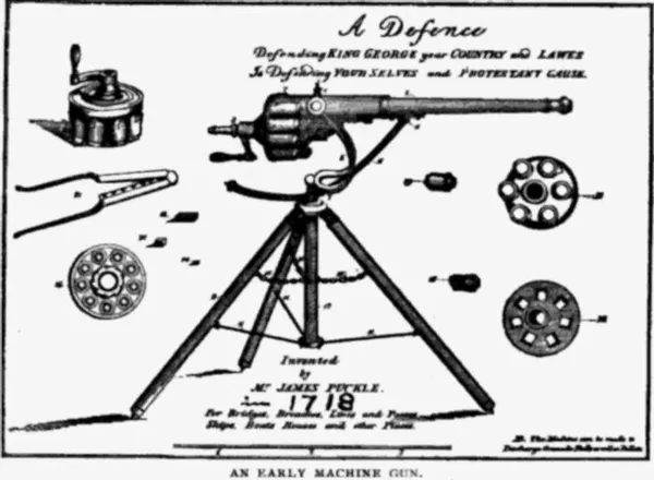 Flier for James Puckle's 1718 patent machine gun, shows various cylinders for use with round and square bullets. (Taken from Recreation magazine, by George O. Shields, American Canoe Association, League of American Sportsmen, volume 4, published 1896. Sourced by Rcbutcher, September 2009)