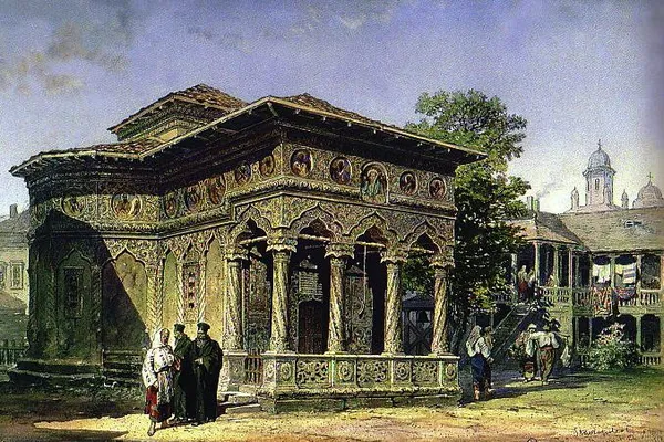 Stavropoleos Church, in an 1868 lithograph by Amadeo Preziosi.