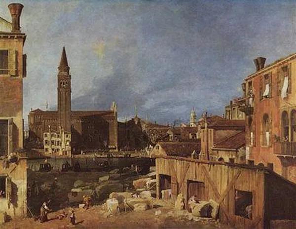 Canaletto: The Stonemason's Yard, circa 1725; oil on canvas, 123 × 162.9 cm (48.4 × 64.1 in); National Gallery,London.
