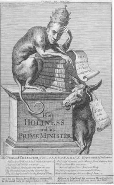 Anonymous caricature of Alexander Pope, using anti-Catholic bigotry and mocking him for his physical deformities, published this year in a pamphlet attacking the poet. (Pope also attacked at least one enemy for his physical features.)