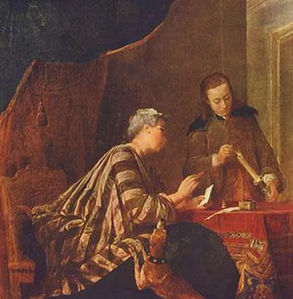 Jean-Baptiste Siméon Chardin, Lady Sealing a Letter, 1732 (oil on canvas; Sanssouci Picture Gallery)