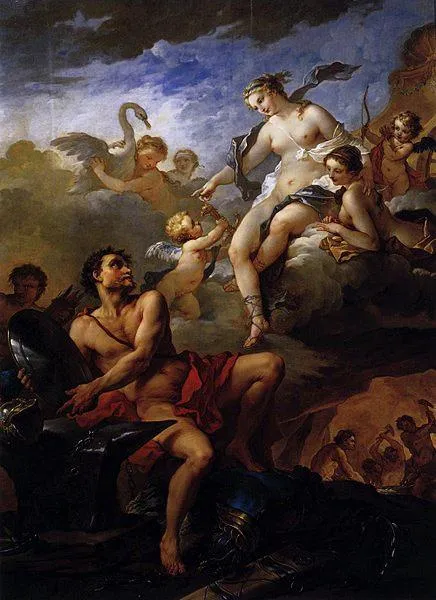 Charles-Joseph Natoire, Venus Demanding Arms from Vulcan for Aeneas (after 1732). Oil on canvas, 194 cm (76.4 in). Width: 140 cm (55.1 in); Musée Fabre, Montpellier, France